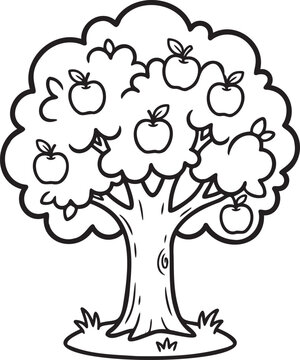 A black and white illustration of a tree with apples on it