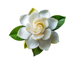 Fototapeta premium White and yellow magnolia flower bloom with green leaves isolated on white background white magnolia flower