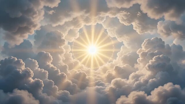 Divine Light Shining Through Heavenly Clouds: A Vision of Spiritual Revelation and Hope, Symbolizing
