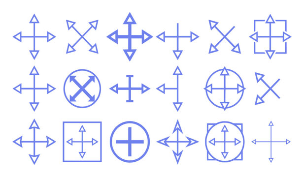 Collection of directional and movement icons with circles and squares direction movement