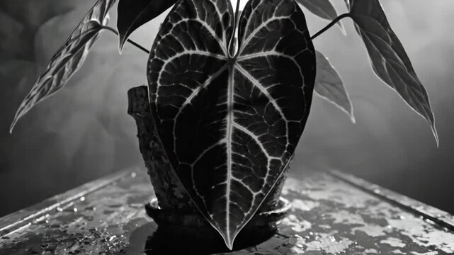 Black and white close up of a potted Anthurium crystallinum plant leaf on a wet table with dramatic lighting and ethereal smoke