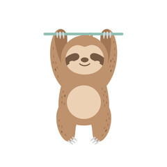Fototapeta premium Cute cartoon sloth hanging from a bar, smiling, isolated on white background, vector illustration