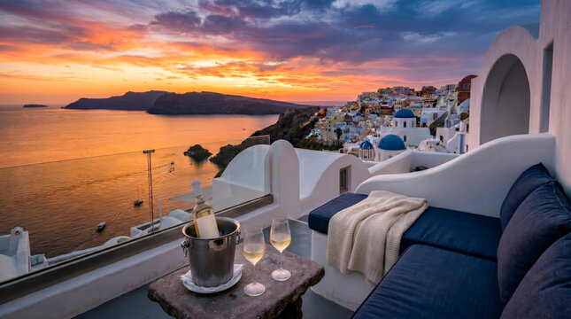 Romantic Santorini sunset balcony with wine and caldera view