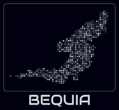 Bequia digital style map. Small roundedSquare dots on dark background. Dotted shape of the island. Bequia map and title. Vibrant vector illustration.