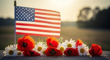 Obraz premium Memorial Day Tribute with American Flag and Flowers Remembrance Concept