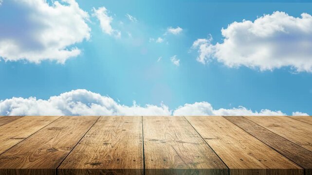 Wooden Deck with Blue Sky and Clouds for Product Display