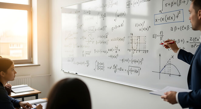 Teacher explaining mathematical formulas on a whiteboard in a classroom with students