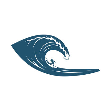 Surfer rides massive ocean wave on surfboard in action.