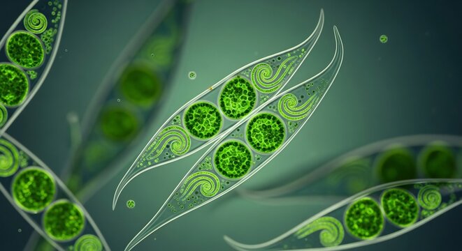 Microscopic view of green algae cells undergoing division in a laboratory setting.