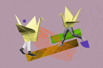 Naklejka premium Creative drawing full image collage picture of origami bird crane friends couple walk meeting asian traditional folded paper