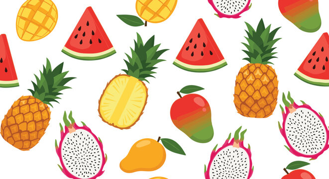 Colorful illustration of various fruits on a including pineapples watermelon dragon fruit and more, Generative AI.
