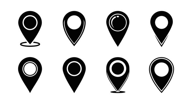 Set of 8 Black Map Pointers Icons, Location Pin Markers Collection on White Background