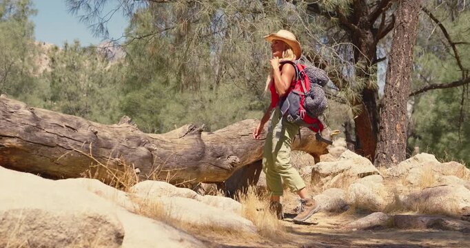 Woman Hiking Through Desert Landscape With Backpack