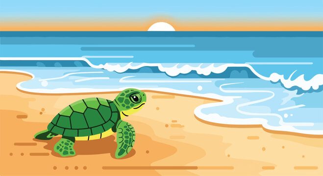 A cartoon turtle on a beach at sunset