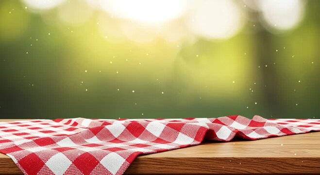 Sunny Green Bokeh Background with Wooden Table for Product Display