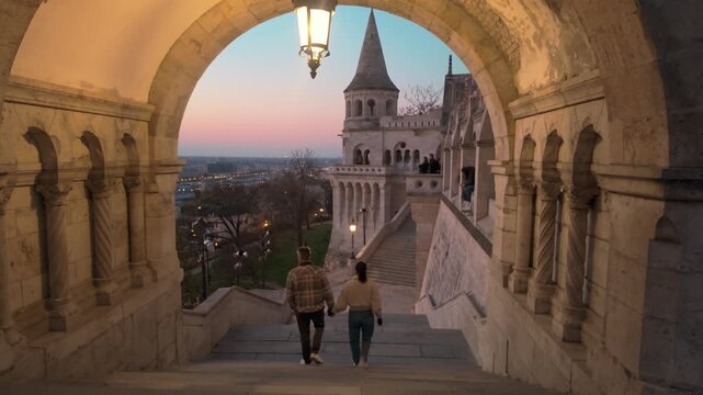 Couple walks hand in hand along the beautiful stairs of Fisherman Bastion as the evening sky glows. Discover the charm of Budapest, where romance meets stunning architecture and vibrant history.