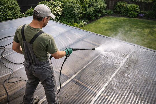 Man cleans a metal roof with a high pressure water sprayer