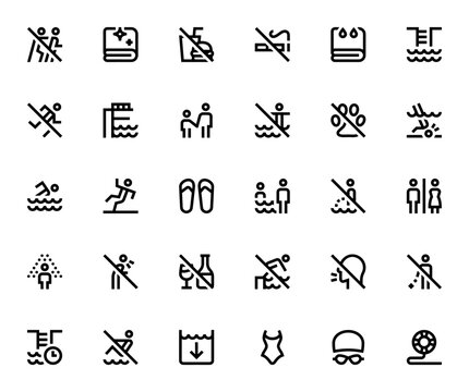 Swimming Pool Rules Icon Set. Vector Sign Collection for No Pushing, No Smoking, No Diving, Safety, Hygiene, and More. Editable Stroke.
