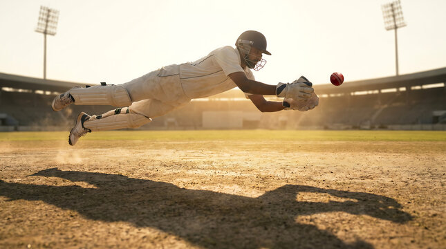 Cricket wicketkeeper diving to catch ball during match