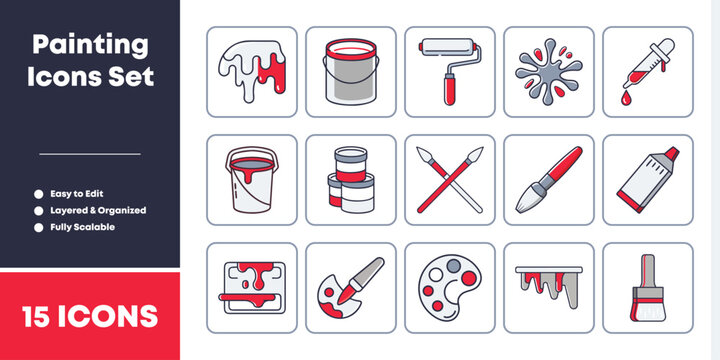 Collection of artistic painting icons representing various art supplies and creative tools