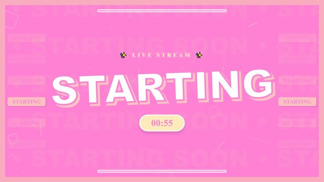 Playful pink streaming starting soon screen with a countdown timer, perfect as a welcoming pre-broadcast overlay for virtual events and content creators to engage their audience