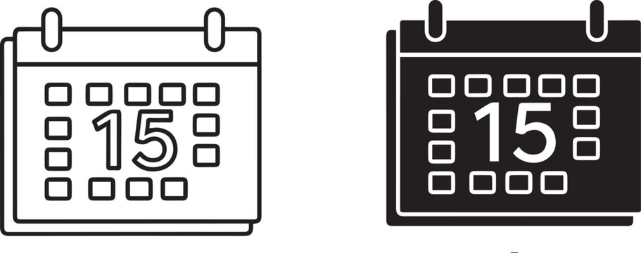 Minimalist calendar icons with number 15, black and white schedule planner symbols, flat vector set for appointment tracking and deadline management