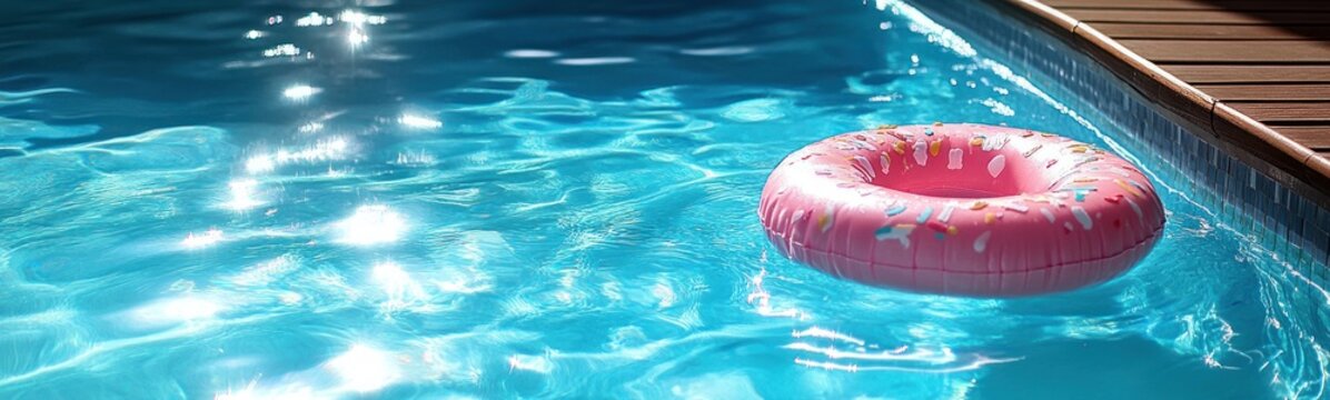 pink sprinkle donut pool float drifting on sparkling turquoise swimming pool water beside a wooden deck, bright sunlit summer scene conveying relaxed playful carefree mood