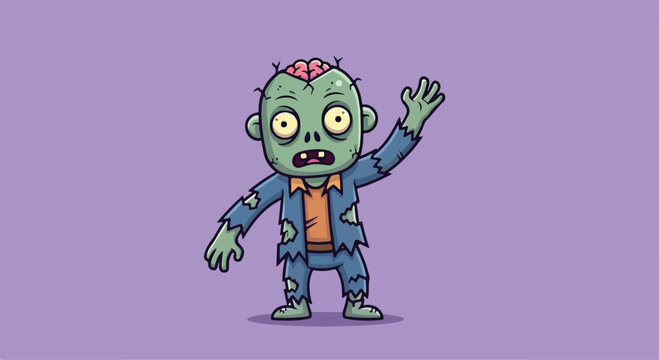 A cartoon zombie with green skin and torn clothes