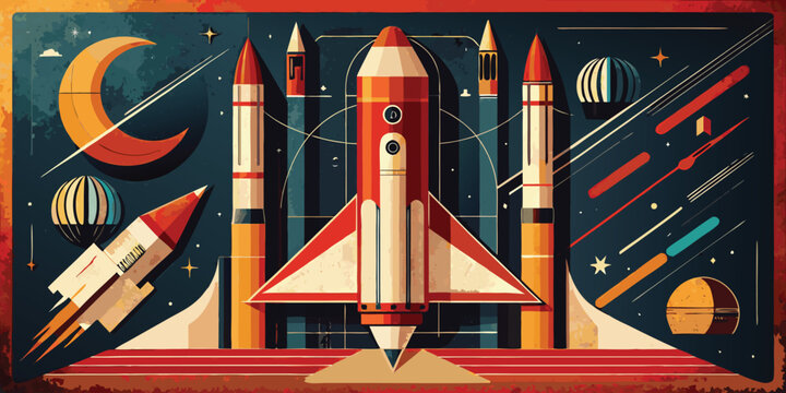 Red and white space rockets with crescent moon and planets in retro style