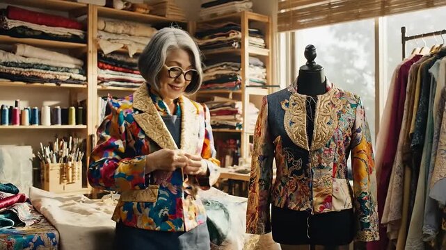 Woman working on colorful garment sewing.