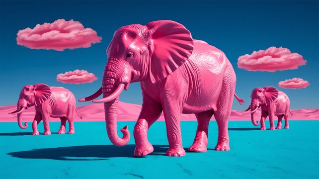 A surreal illustration of pink elephants standing in a vibrant blue landscape with clouds