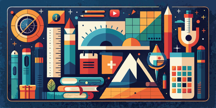 Flat of drafting tools and geometric shapes on dark blue background