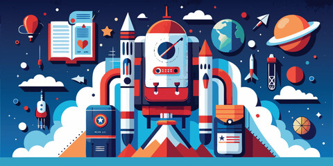 Rocket ship launching over mountains with space and planets © garin