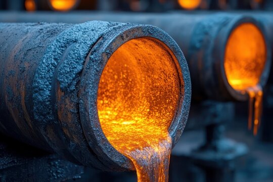 Molten metal pouring from round refractory crucibles, glowing orange stream spilling from slag-covered cylinders, intense heat and dramatic industrial glow