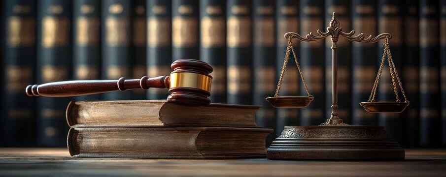 wooden judge's gavel with brass band on stacked leather law books beside antique brass balance scales in a solemn law library conveying authority and justice