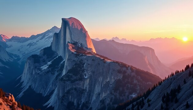 Half Dome mountain peak in Yosemite National Park at sunrise. Majestic granite cliff face with glowing sunlight. Scenic landscape of wilderness nature for travel and outdoor adventure.