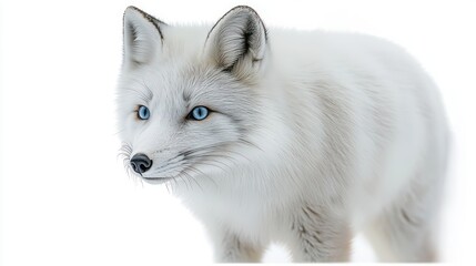 Fototapeta premium white arctic fox with striking blue eyes, soft fluffy fur and alert curious expression on a bright white background
