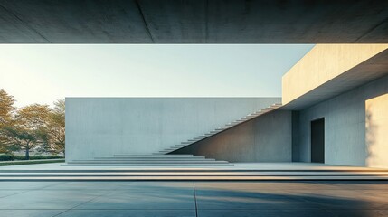Fototapeta premium Minimalist concrete courtyard with wide steps, floating staircase, open doorway and warm sunlight creating a calm serene atmosphere