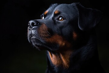 Obraz premium close-up portrait of a black and tan dog looking upward with a calm, noble expression and glossy fur against a dark background