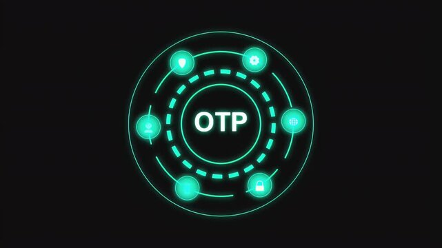 One time password security concept displayed on a glowing digital interface with rotating technical icons