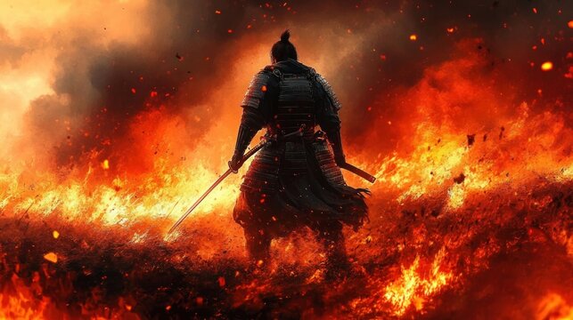 armored samurai standing alone in a burning field of flames and embers, holding a drawn sword beneath a smoky orange sky, a determined and defiant silhouette