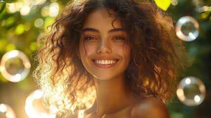 Fototapeta premium Backlit woman with curly hair surrounded by floating soap bubbles in warm golden sunlight, playful serene outdoor moment