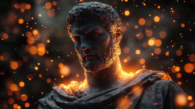 Weathered classical stone statue with draped cloak and curly hair bathed in warm firelight and floating embers, evoking solemn dramatic intensity