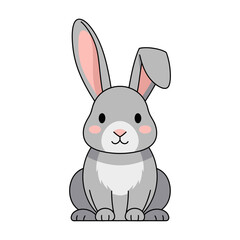 Obraz premium Cute Cartoon Gray Rabbit Sitting Front View Isolated on White Background