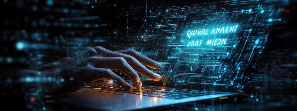 Focused hands typing on a laptop keyboard beneath a glowing blue holographic circuitry interface, evoking intensity and futuristic cyber activity