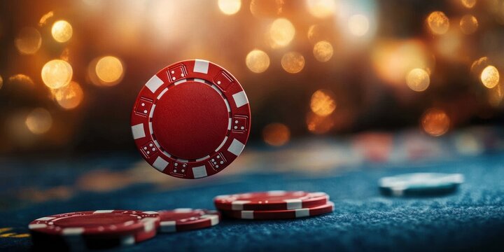 Red poker chips on blue felt table with golden bokeh lights, a chip midair evoking excitement and high-stakes tension