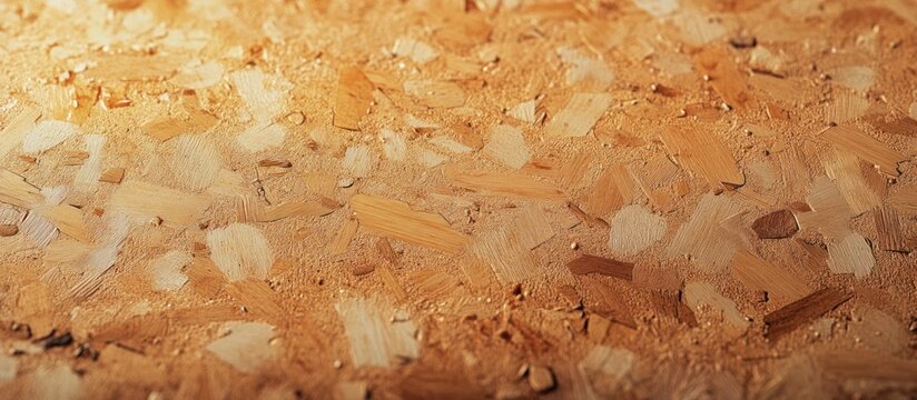 close-up of warm golden wood chip board surface with rough flakes, scattered sawdust and textured rustic pattern evoking earthy warmth
