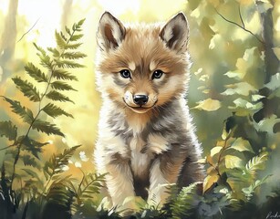 Fototapeta premium curious young fox pup sitting among ferns in a sunlit forest with soft fluffy fur and a gentle innocent expression