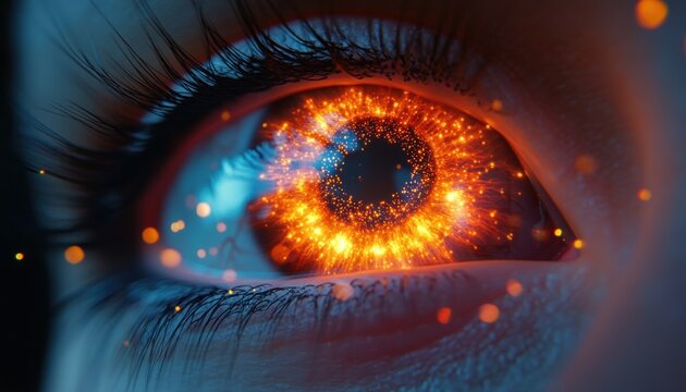 Close-up of a human eye with a glowing fiery orange iris and floating sparks, cool blue rim lighting, visible eyelashes, conveying intense awe and wonder