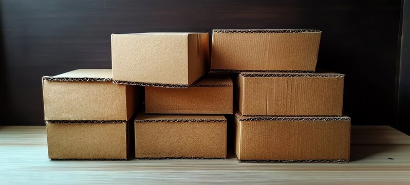 neatly stacked small corrugated cardboard boxes on a wooden table conveying an organized calm minimalist packing scene